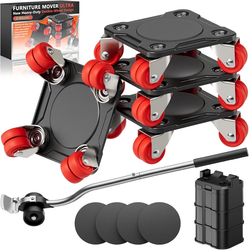 ONEON Furniture Mover Ultra with 8 Wheels – All-New Upgraded Heavy Item Moving Tool Double-Wheeled Low-Profile Dolly with Auxiliary Lifter, Full Carbon Steel Panels, Supports up to 1650 lbs - Image 1